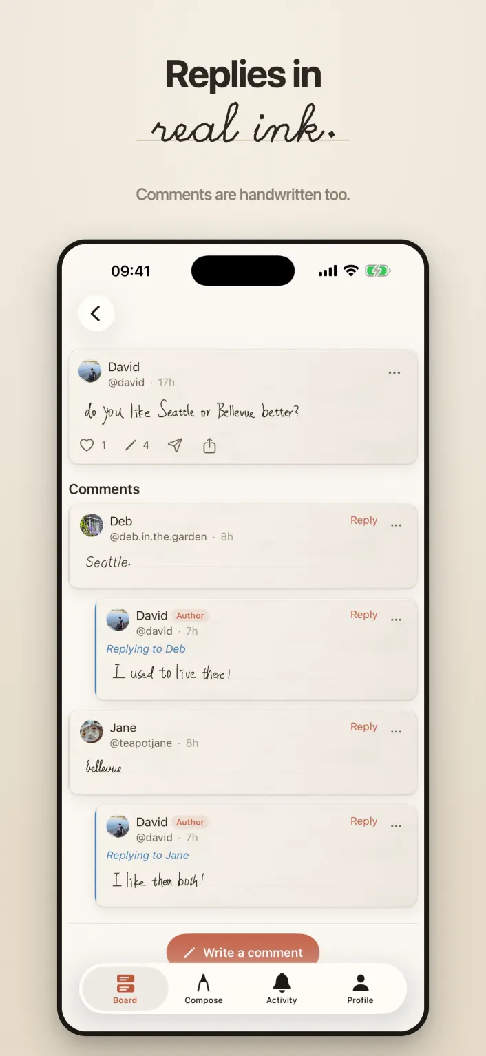 Replies in real ink. Comments are handwritten too.